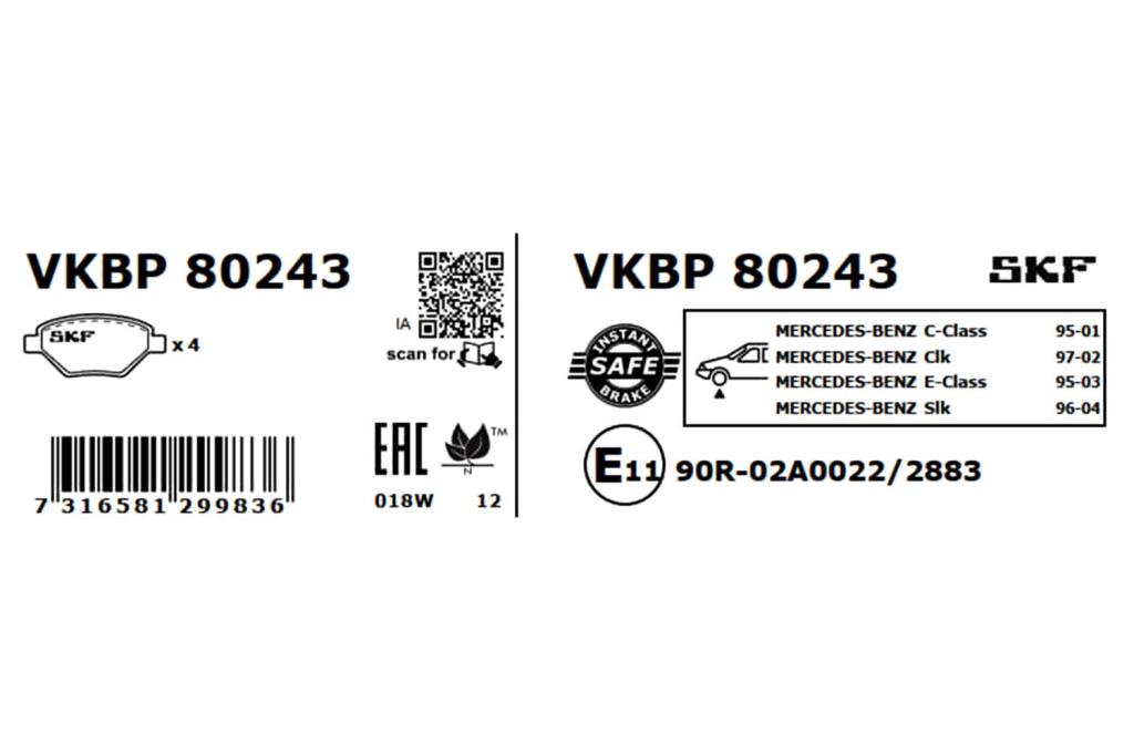 Jogo de 4 pastilhas de travão SKF ref. VKBP 80243